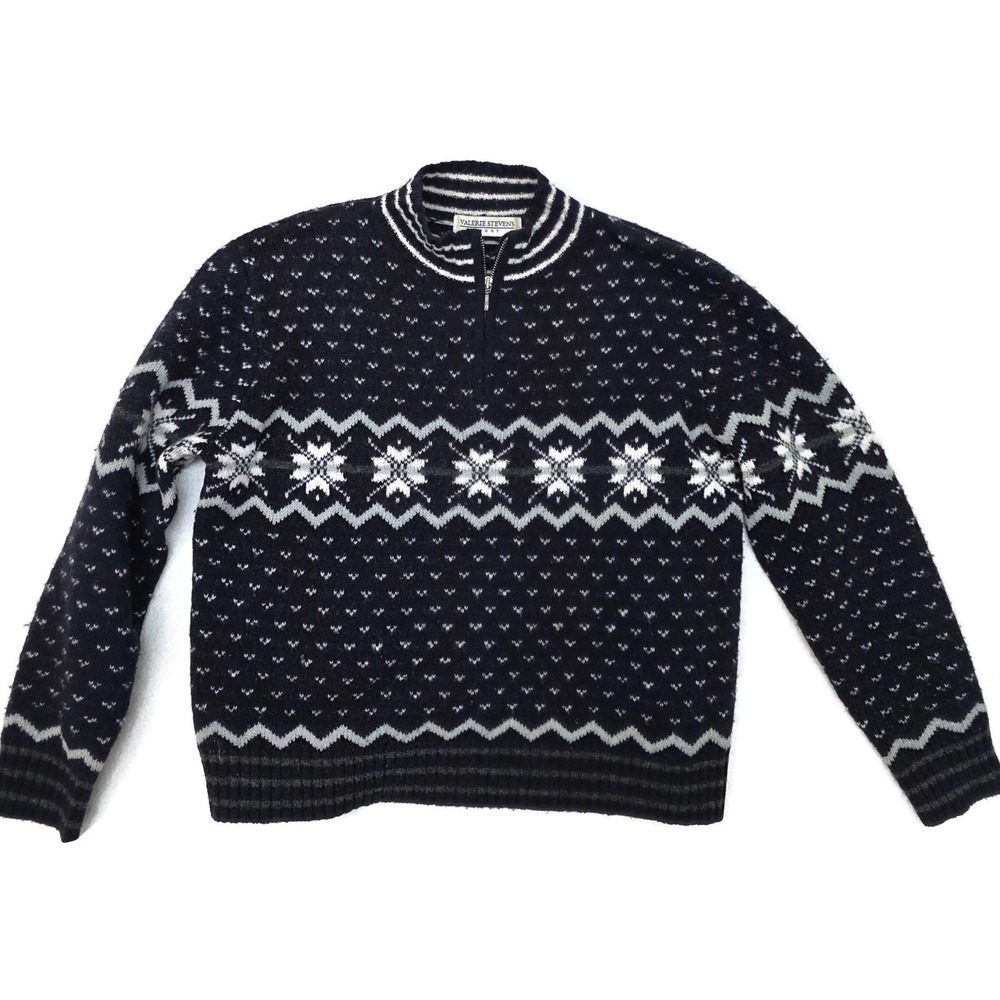 Lambswool Sweater Ski Valerie Stevens Womens M Blac 1/4 Zip Mock Neck Fair Isle